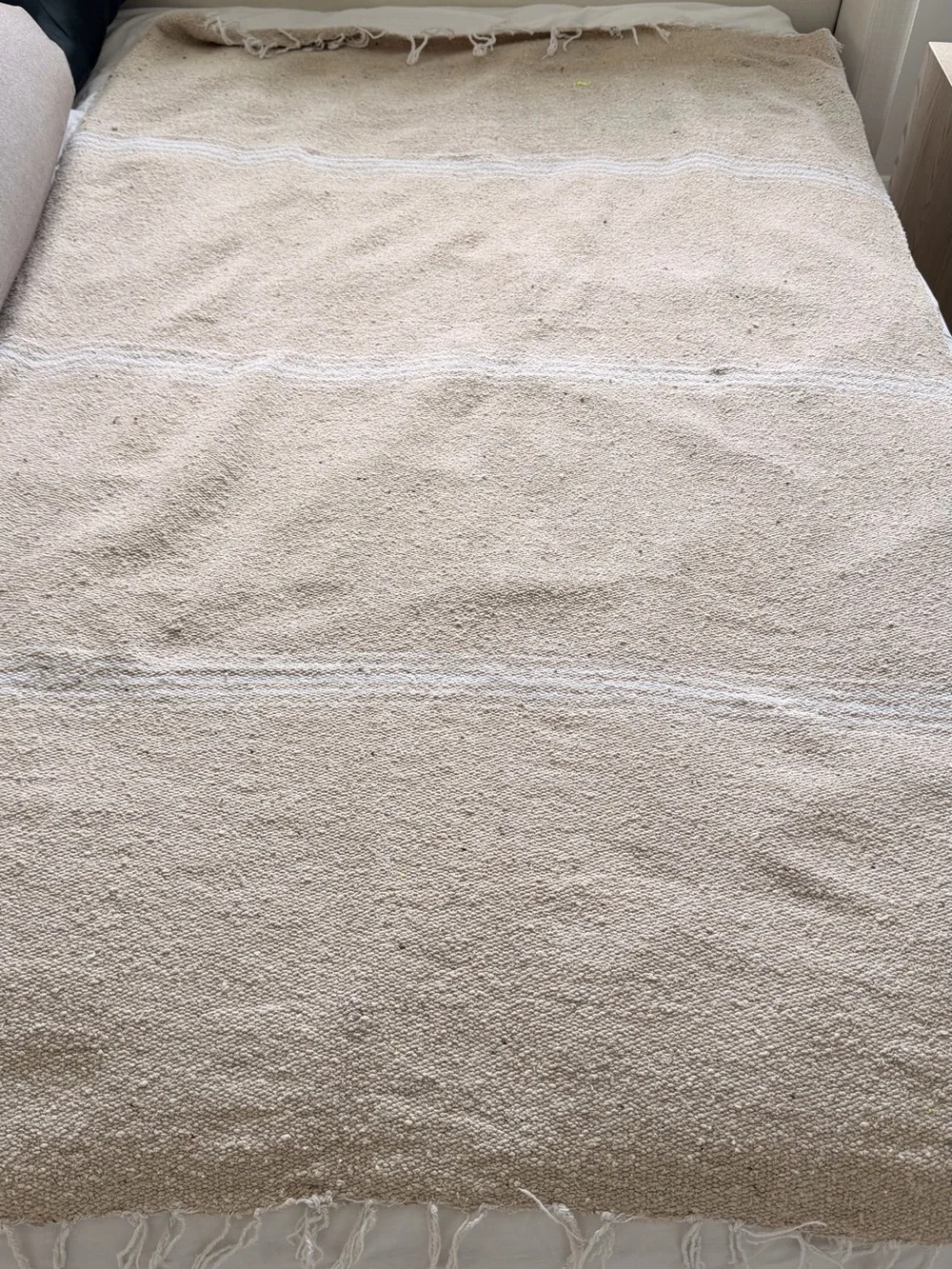 Woven Cotton Picnic Blanket Beige Striped Fringe Boho Farmhouse
